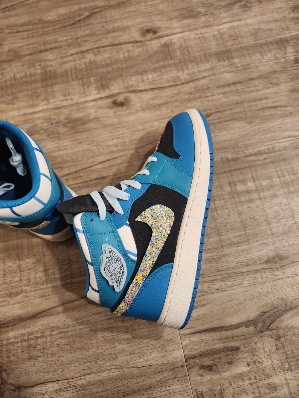 Nike Kids Teal and Black High-Top Sneakers with Glitter Swoosh